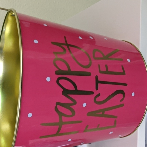 Lg Easter Metal Pail Pink Gold Polkadot Happy Easter Basket Roomy Egg Hunt - Picture 1 of 4